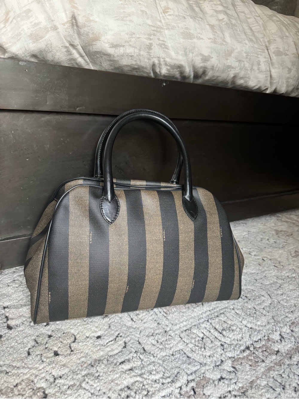 Fendi Penguin Black and Brown Striped Top-Handle Shoulder Bag